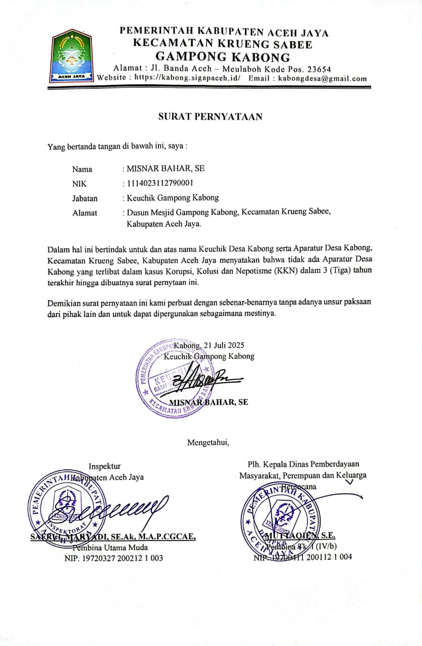 Surat Pernyataan Tidak Ada Aparatur Desa Terlibat Kasus Korupsi Selama Tiga Tahun Terakhir.